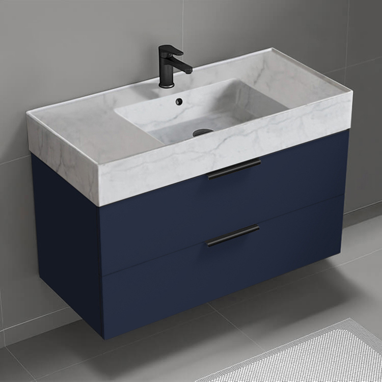 Nameeks DERIN431 Wall Mounted Bathroom Vanity With Marble Design Sink, Modern, Single, 40 Inch, Night Blue